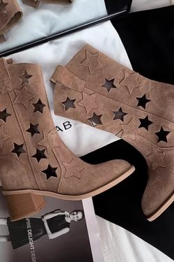 Vintage Hollow Out Western Cowboy Boots for Women, Star Genuine Leather, Versatile Chunky Heel, Y2K Style Martin Boots