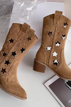 Vintage Hollow Out Western Cowboy Boots for Women, Star Genuine Leather, Versatile Chunky Heel, Y2K Style Martin Boots