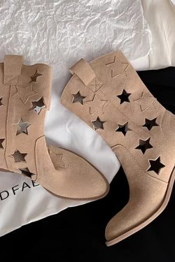 Vintage Hollow Out Western Cowboy Boots for Women, Star Genuine Leather, Versatile Chunky Heel, Y2K Style Martin Boots