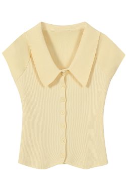 Vintage Hong Kong Style Red Knitted Short Sleeve Polo Shirt for Women - Summer Flutter Sleeve Top, Age-Reducing Fashion