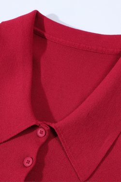 Vintage Hong Kong Style Red Knitted Short Sleeve Polo Shirt for Women - Summer Flutter Sleeve Top, Age-Reducing Fashion