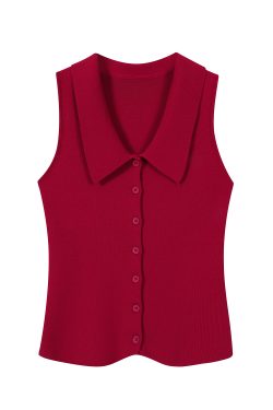 Vintage Hong Kong Style Red Knitted Short Sleeve Polo Shirt for Women - Summer Flutter Sleeve Top, Age-Reducing Fashion