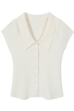 Vintage Hong Kong Style Red Knitted Short Sleeve Polo Shirt for Women - Summer Flutter Sleeve Top, Age-Reducing Fashion
