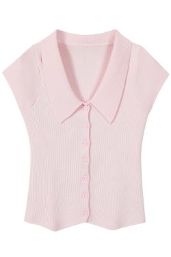 Vintage Hong Kong Style Red Knitted Short Sleeve Polo Shirt for Women - Summer Flutter Sleeve Top, Age-Reducing Fashion