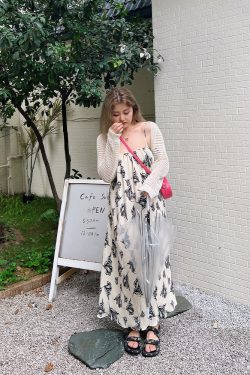 Vintage Ink Print Camisole Dress - High-Waisted Mid-Length Elegant Style - Gentle Temperament Fashion