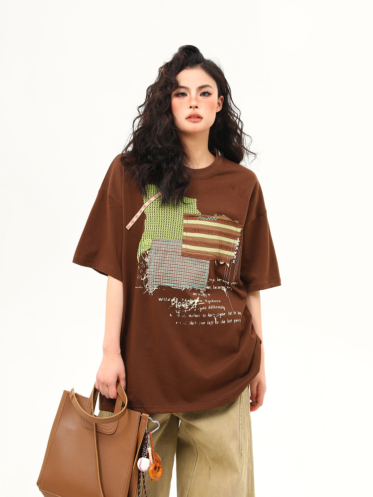 Vintage-Inspired American Patch Design Short Sleeve T-Shirt for Women - Trendy Summer Versatile Top Vintage-Inspired American Patch Design Short Sleeve T-Shirt for Women - Trendy Summer Versatile Top