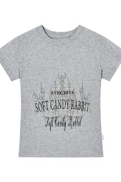 Vintage-Inspired Blue Gray Multicolor Printed Raglan Sleeve Slim Fit Short Sleeve Tee - Perfect for 90s and Y2K Style Fans