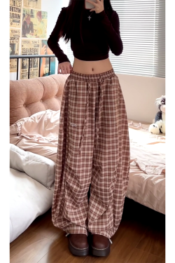 Vintage-Inspired Elastic Waist Plaid Work Pants for Women - Casual Wide-Leg Drawstring Drape Curved Knife Design