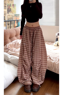 Vintage-Inspired Elastic Waist Plaid Work Pants for Women - Casual Wide-Leg Drawstring Drape Curved Knife Design