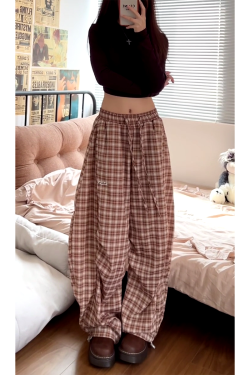 Vintage-Inspired Elastic Waist Plaid Work Pants for Women - Casual Wide-Leg Drawstring Drape Curved Knife Design