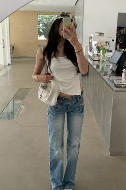 Vintage-Inspired Embroidered Wide-Waist Lycra Flared Jeans for Women - 90s Y2K Style