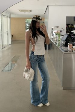 Vintage-Inspired Embroidered Wide-Waist Lycra Flared Jeans for Women - 90s Y2K Style