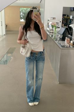 Vintage-Inspired Embroidered Wide-Waist Lycra Flared Jeans for Women - 90s Y2K Style