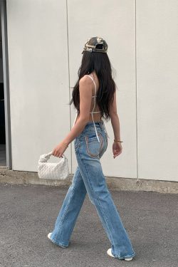 Vintage-Inspired Embroidered Wide-Waist Lycra Flared Jeans for Women - 90s Y2K Style