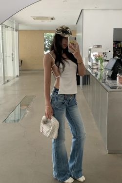 Vintage-Inspired Embroidered Wide-Waist Lycra Flared Jeans for Women - 90s Y2K Style