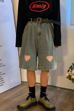 Vintage-Inspired Heartfelt Cowboy Five-Point Shorts - Chic Wide-Leg Elastic Pants in Washed Hong Kong Style for Couples