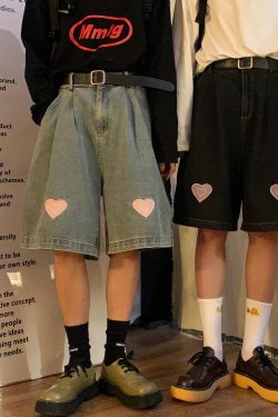 Vintage-Inspired Heartfelt Cowboy Five-Point Wide-Leg Shorts, Chic Hong Kong Style, Elastic Waist, Perfect for Couples, Casual Summer Wear