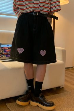 Vintage-Inspired Heartfelt Cowboy Five-Point Wide-Leg Shorts, Chic Hong Kong Style, Elastic Waist, Perfect for Couples, Casual Summer Wear