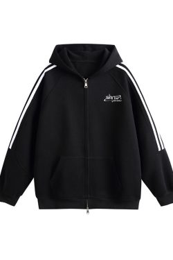 Vintage-Inspired Hooded Cardigan Sweatshirt for Couples - Unisex Loose Fit Zipper Jacket in Nostalgic Sports Style for Back to School