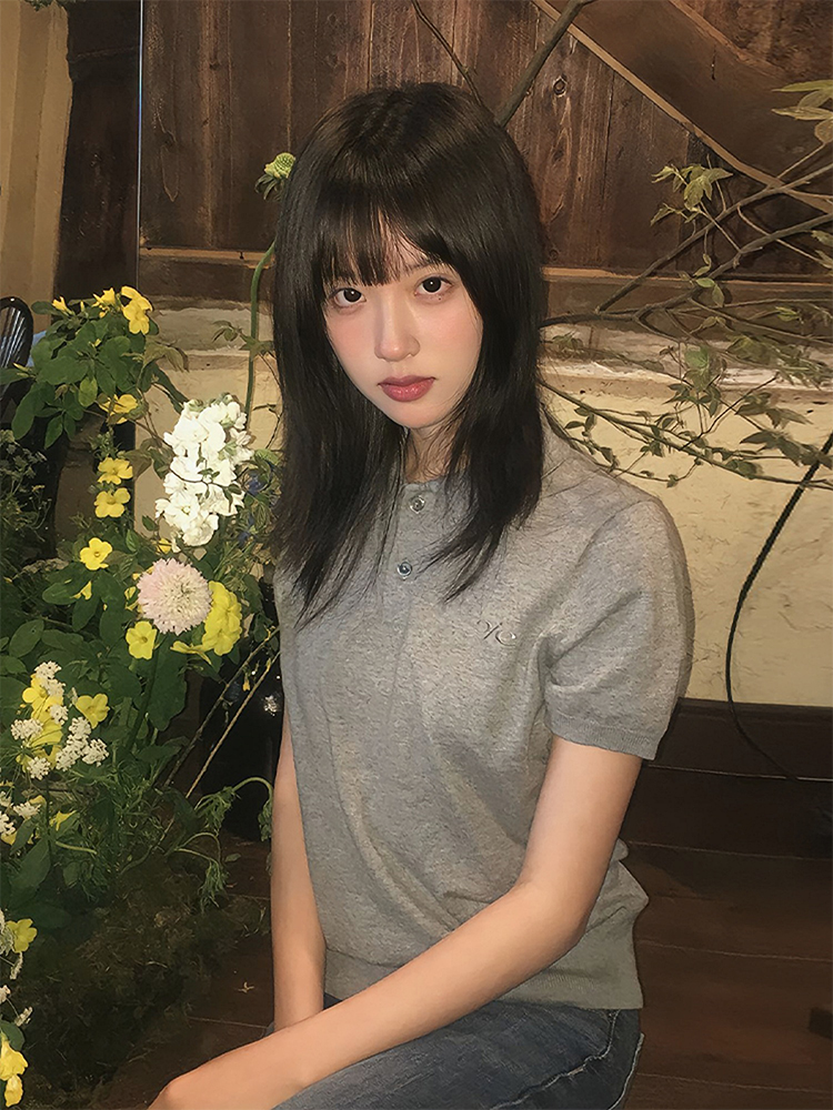 Vintage-Inspired Knitted Short Sleeve Polo Shirt for Women - Versatile Gray Summer Top, Slim Fit, Flattering Design Vintage-Inspired Knitted Short Sleeve Polo Shirt for Women - Versatile Gray Summer Top, Slim Fit, Flattering Design