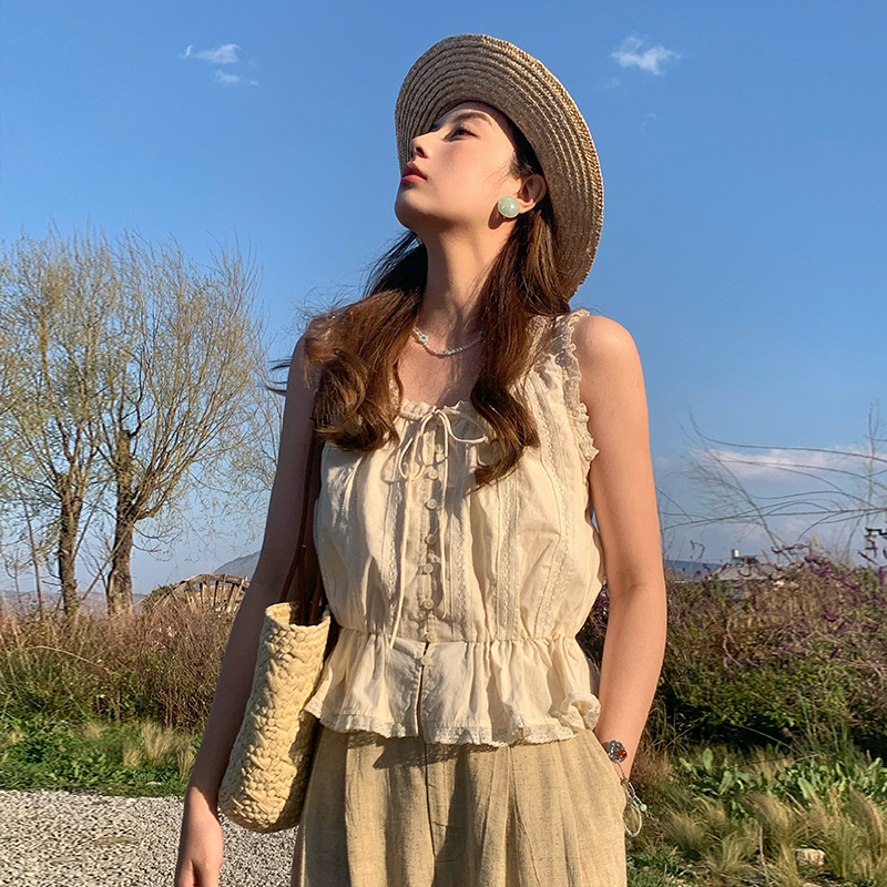 Vintage-Inspired Late Spring Lover French Lace Trim Cami Top for Women, Summer Pure Cotton Waist-Defined Blouse, Y2K Style Vintage-Inspired Late Spring Lover French Lace Trim Cami Top for Women, Summer Pure Cotton Waist-Defined Blouse, Y2K Style