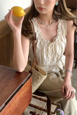 Vintage-Inspired Late Spring Lover French Lace Trim Cami Top for Women, Summer Pure Cotton Waist-Defined Blouse, Y2K Style