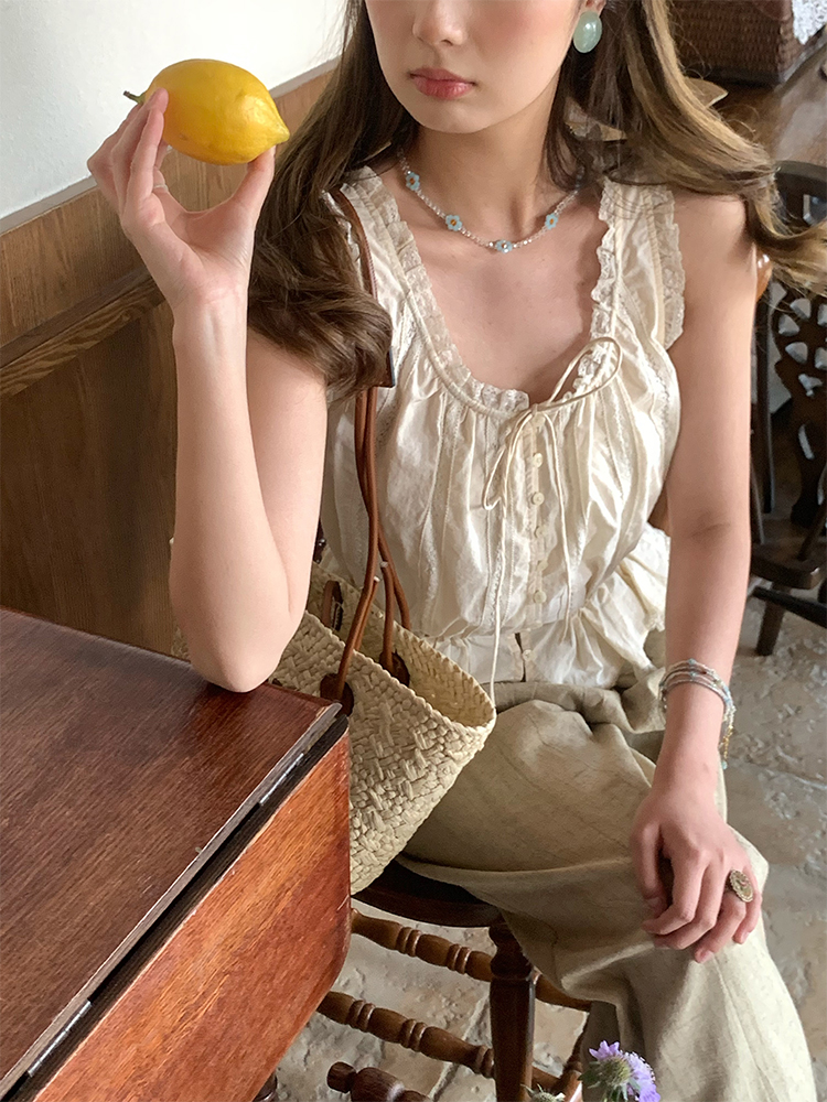 Vintage-Inspired Late Spring Lover French Lace Trim Cami Top for Women, Summer Pure Cotton Waist-Defined Blouse, Y2K Style Vintage-Inspired Late Spring Lover French Lace Trim Cami Top for Women, Summer Pure Cotton Waist-Defined Blouse, Y2K Style