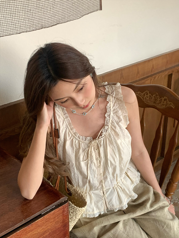 Vintage-Inspired Late Spring Lover French Lace Trim Cami Top for Women, Summer Pure Cotton Waist-Defined Blouse, Y2K Style Vintage-Inspired Late Spring Lover French Lace Trim Cami Top for Women, Summer Pure Cotton Waist-Defined Blouse, Y2K Style