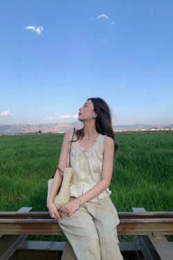 Vintage-Inspired Late Spring Lover French Lace Trim Cami Top for Women, Summer Pure Cotton Waist-Defined Blouse, Y2K Style