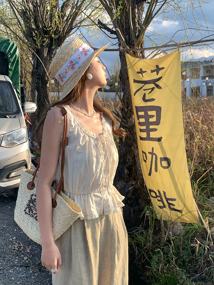 Vintage-Inspired Late Spring Lover French Lace Trim Cami Top for Women, Summer Pure Cotton Waist-Defined Blouse, Y2K Style Vintage-Inspired Late Spring Lover French Lace Trim Cami Top for Women, Summer Pure Cotton Waist-Defined Blouse, Y2K Style