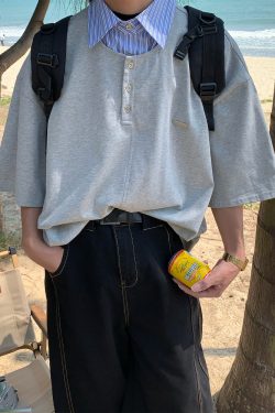 Vintage-Inspired Loose Fit Two-Piece Polo Shirt - Short Sleeve Unisex Summer Top for 2025, Perfect for Casual 90s Style