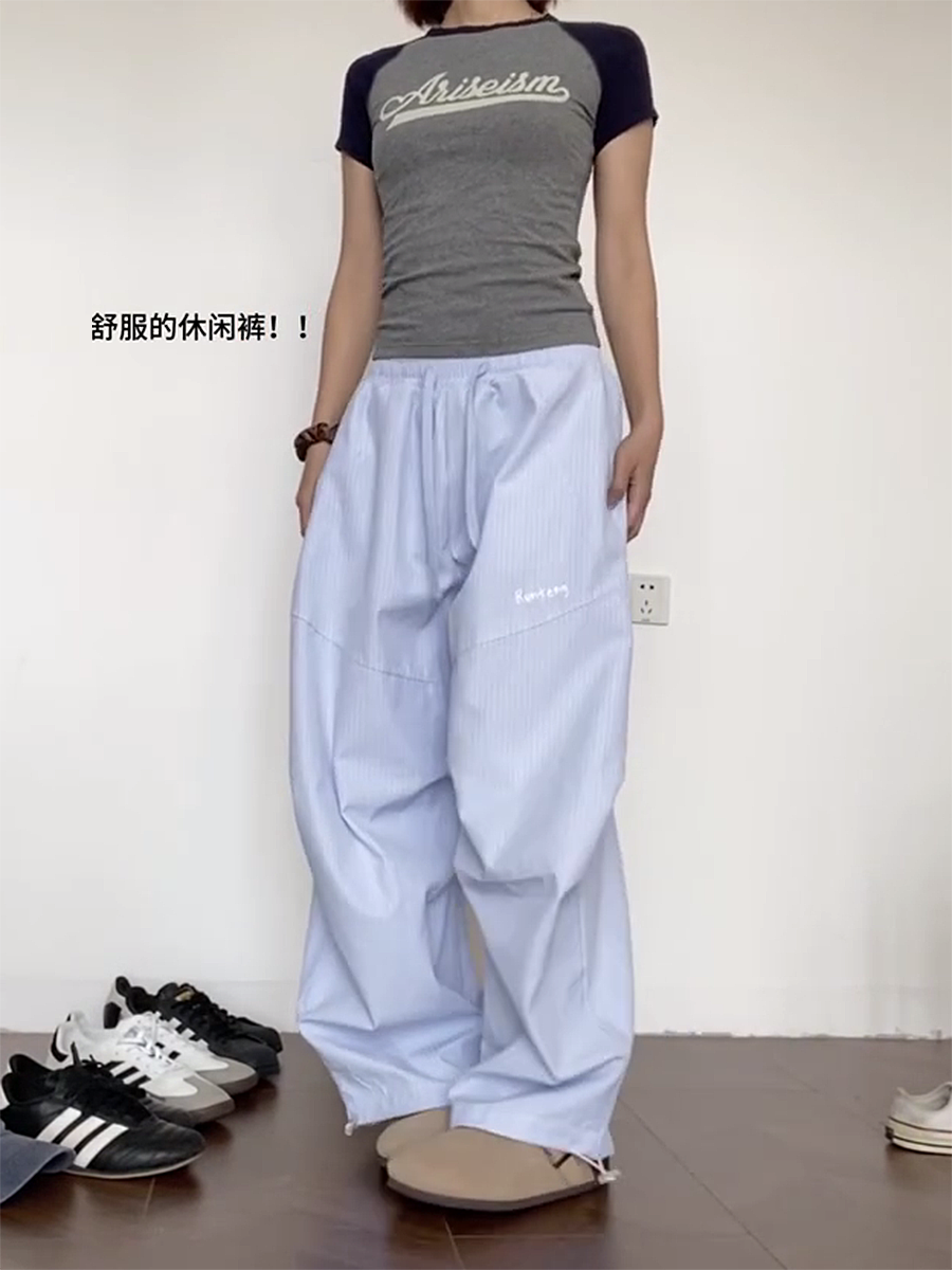 Vintage-Inspired Loose Pleated Jazz Dance Striped Wide-Leg Trousers for Women - Casual Sports Pants in American Style Vintage-Inspired Loose Pleated Jazz Dance Striped Wide-Leg Trousers for Women - Casual Sports Pants in American Style