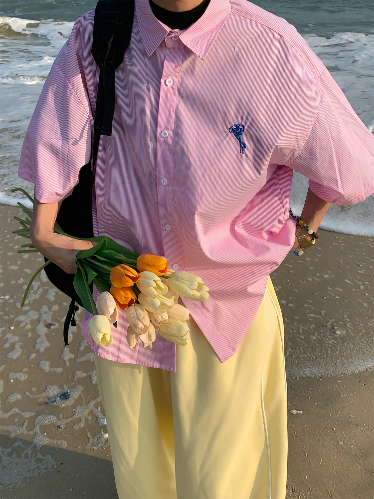 Vintage-Inspired Small Embroidery Vertical Striped Short Sleeve Shirt for Couples - Casual Summer Loose Fit Top Vintage-Inspired Small Embroidery Vertical Striped Short Sleeve Shirt for Couples - Casual Summer Loose Fit Top