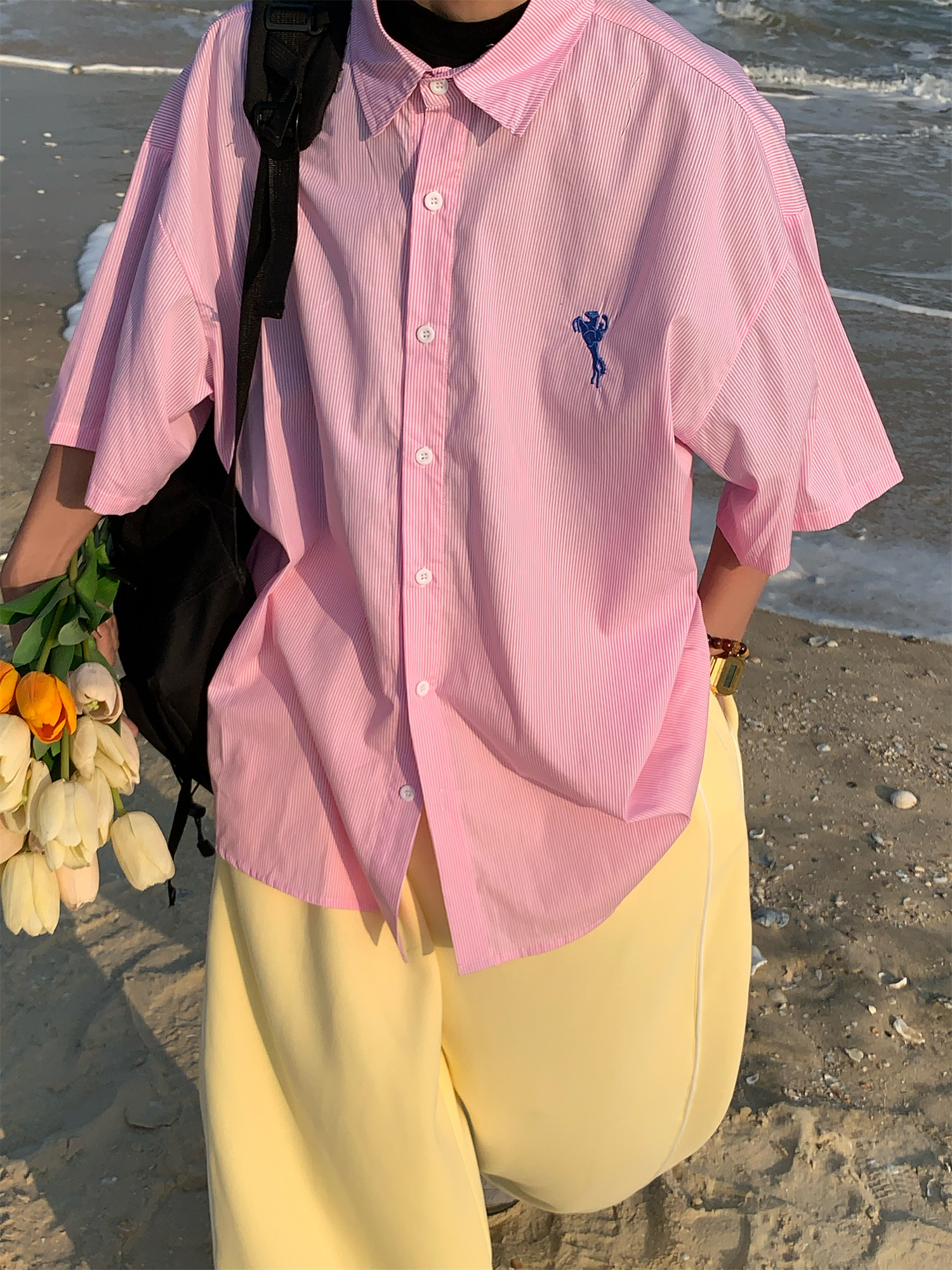 Vintage-Inspired Small Embroidery Vertical Striped Short Sleeve Shirt for Couples - Casual Summer Loose Fit Top Vintage-Inspired Small Embroidery Vertical Striped Short Sleeve Shirt for Couples - Casual Summer Loose Fit Top