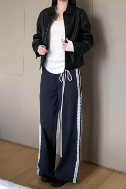 Vintage-Inspired Women's Lace Trim Wide-Leg Casual Pants - Draped Loose Straight Long Trousers for a Chic Retro Look