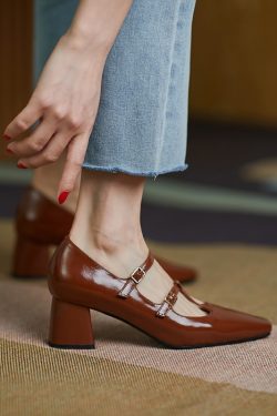 Vintage Italian Genuine Leather Mary Jane Shoes for Women - Chunky High Heels, Square Toe, French Style, Retro Chic