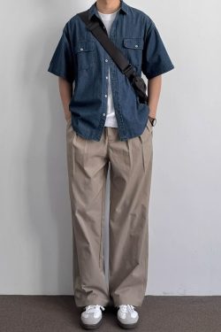 Vintage Japanese-Style Distressed Denim Short Sleeve Shirt for Men & Women, Summer Loose Fit, Double Pocket Workwear Trend
