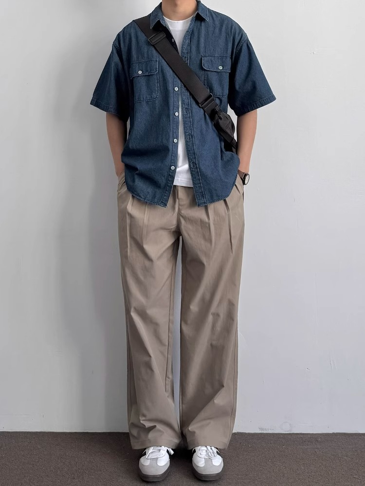 Vintage Japanese-Style Distressed Denim Short Sleeve Shirt for Men & Women, Summer Loose Fit, Double Pocket Workwear Trend Vintage Japanese-Style Distressed Denim Short Sleeve Shirt for Men & Women, Summer Loose Fit, Double Pocket Workwear Trend