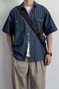 Vintage Japanese-Style Distressed Denim Short Sleeve Shirt for Men & Women, Summer Loose Fit, Double Pocket Workwear Trend