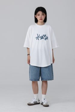 Vintage Japanese Style Printed Short-Sleeve T-Shirt for Men, Loose Fit Heavyweight Summer Top