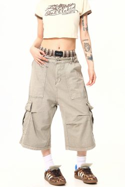 Vintage Khaki Cargo Seven-Point Pants for Men and Women - Unisex Multi-Pocket Loose Shorts for American Street Style Fashion