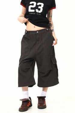 Vintage Khaki Cargo Seven-Point Pants for Men and Women - Unisex Multi-Pocket Loose Shorts for American Street Style Fashion