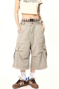 Vintage Khaki Cargo Seven-Point Pants for Men and Women - Unisex Multi-Pocket Loose Shorts for American Street Style Fashion