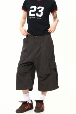 Vintage Khaki Cargo Seven-Point Pants for Men and Women - Unisex Multi-Pocket Loose Shorts for American Street Style Fashion