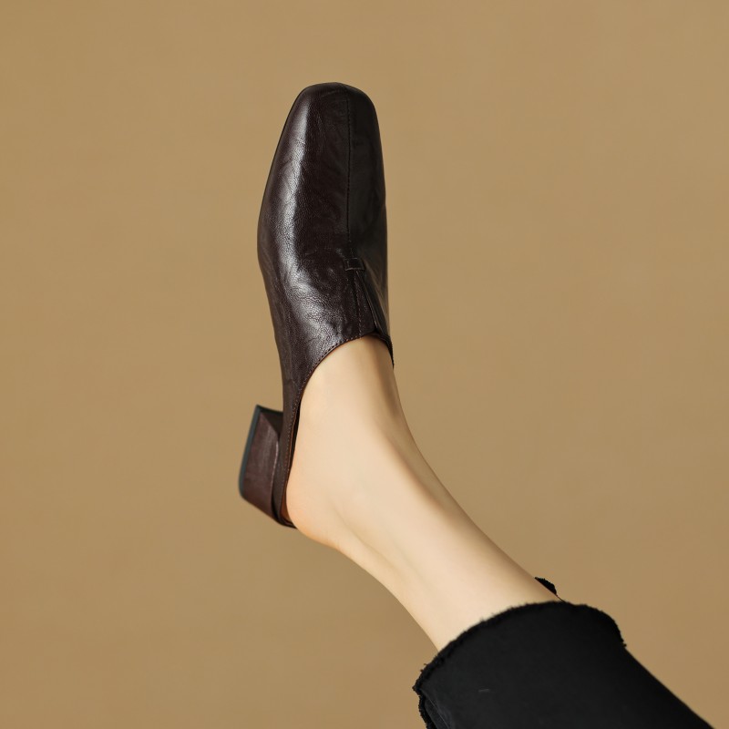 Vintage Lambskin One-Strap Half-Slide Mid-Heel Open-Toe Sandals for Women - Italian Style Casual Footwear Vintage Lambskin One-Strap Half-Slide Mid-Heel Open-Toe Sandals for Women - Italian Style Casual Footwear