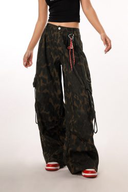 Vintage Leopard Print Camouflage Casual Pants for Women - BF Loose Wide-Leg Trousers in Lazy Style, Perfect for 90s Y2K Fashion