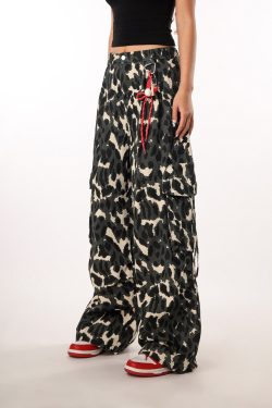 Vintage Leopard Print Camouflage Casual Pants for Women - BF Loose Wide-Leg Trousers in Lazy Style, Perfect for 90s Y2K Fashion