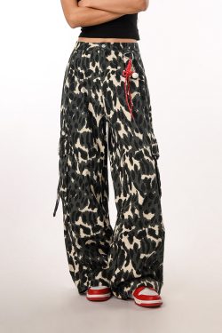 Vintage Leopard Print Camouflage Casual Pants for Women - BF Loose Wide-Leg Trousers in Lazy Style, Perfect for 90s Y2K Fashion