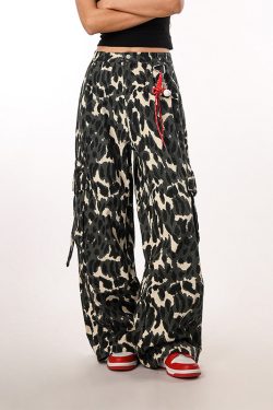 Vintage Leopard Print Camouflage Casual Pants for Women - BF Loose Wide-Leg Trousers in Lazy Style, Perfect for 90s Y2K Fashion