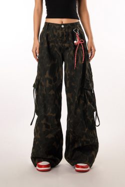 Vintage Leopard Print Camouflage Casual Pants for Women - BF Loose Wide-Leg Trousers in Lazy Style, Perfect for 90s Y2K Fashion